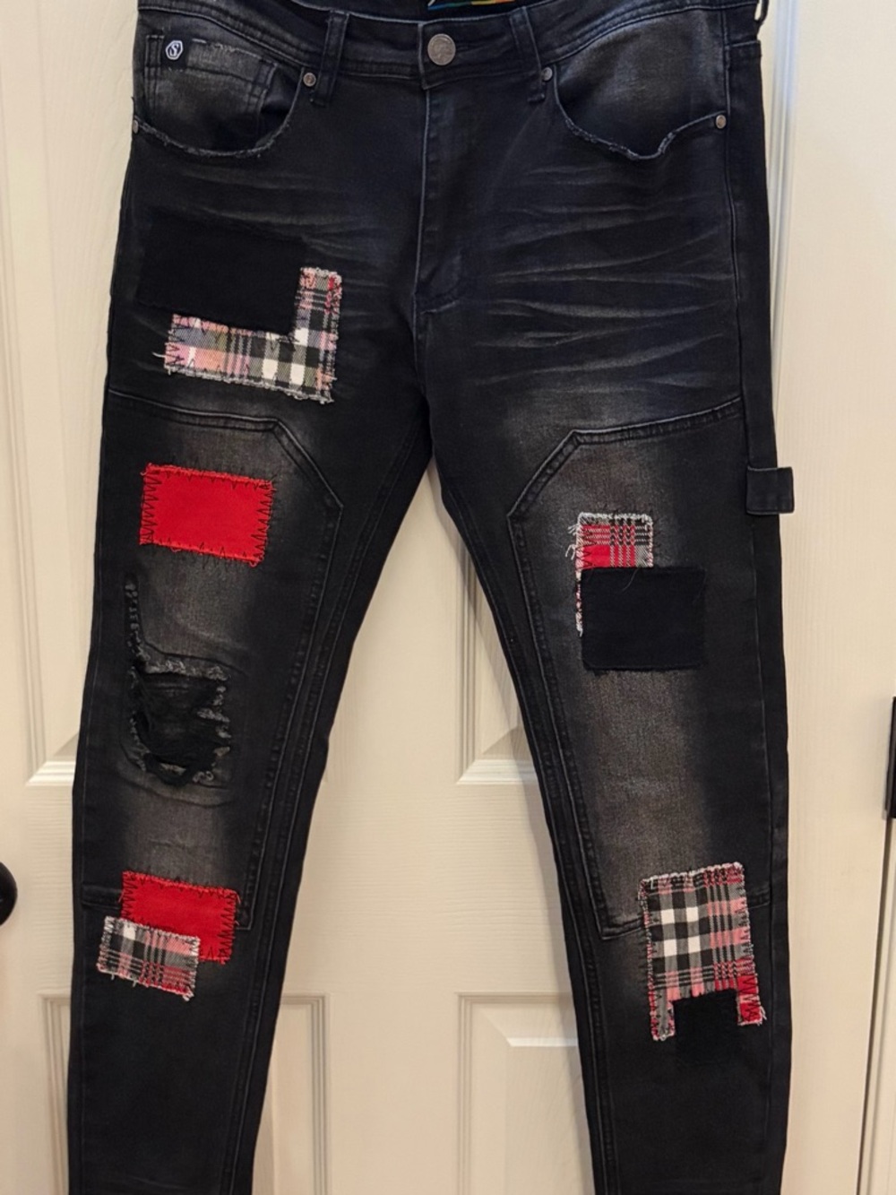 Men's Black Skinny Jeans with Red & Plaid Patchwork